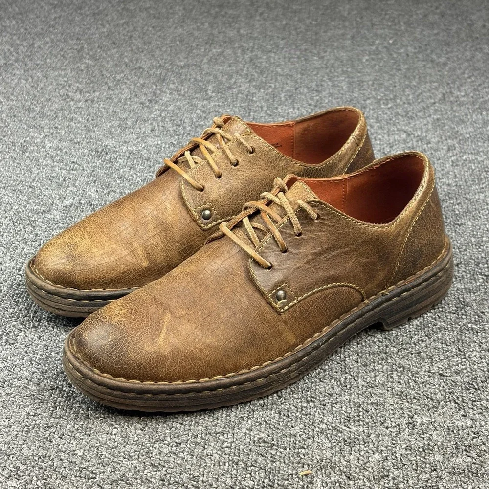 Men Shoes Size 9M EU 42 Dark Brown Distressed Leather Oxford Plain Toe Lace Up